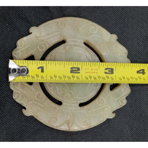 Old Jade Dragon Design Hand-Carved Disk Medallion With Intricate Dragon Designs - Picture 6 of 8